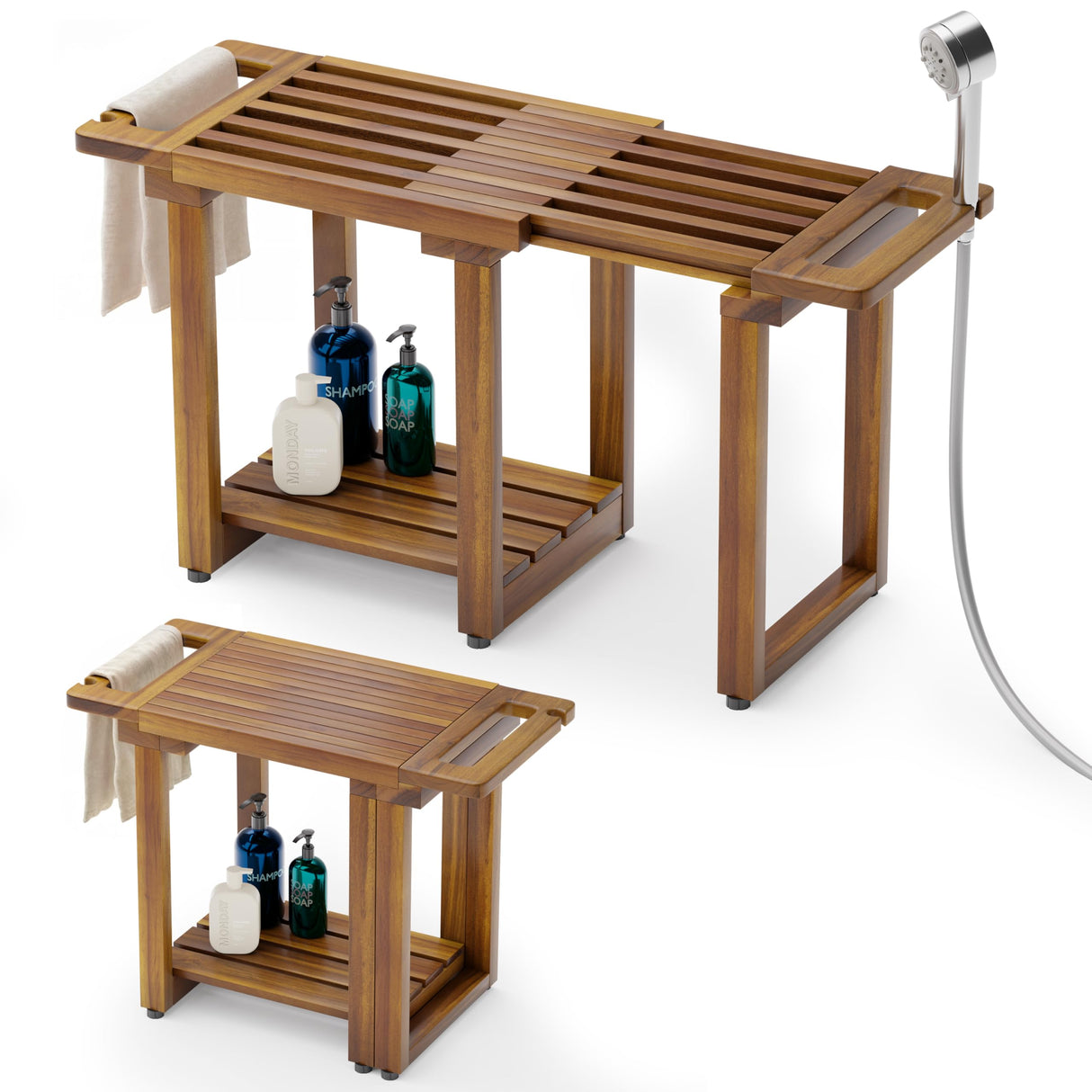 BLUEWEST Adjustable Shower Bench Stool for Inside Shower – 31.7'' Wood Bathroom Bench with Storage Shelf, Built-in Handle & Shower Head Holder, Waterproof Ideal for Sitting, Shelving Legs and Spa Use BLUEWEST
