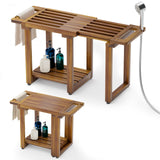 BLUEWEST Adjustable Shower Bench Stool for Inside Shower – 31.7'' Wood Bathroom Bench with Storage Shelf, Built-in Handle & Shower Head Holder, Waterproof Ideal for Sitting, Shelving Legs and Spa Use BLUEWEST