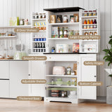 Vongrasig Kitchen Pantry Storage Cabinet with Barn Doors, Drawer and Adjustable Shelves, 6-Tier Tall Rustic Wood Cupboard Locker for Kitchen, Dining Room, Living Room, Bathroom, (White) Vongrasig