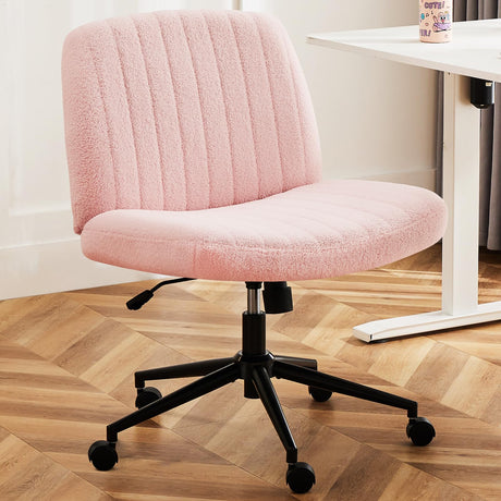 DUMOS Criss Cross Chair with Wheels, Legged Office Armless Wide Desk Seat with Dual-Purpose Base, Adjustable Swivel Teddy Fabric Task Vanity Home Bedroom, Pink DUMOS