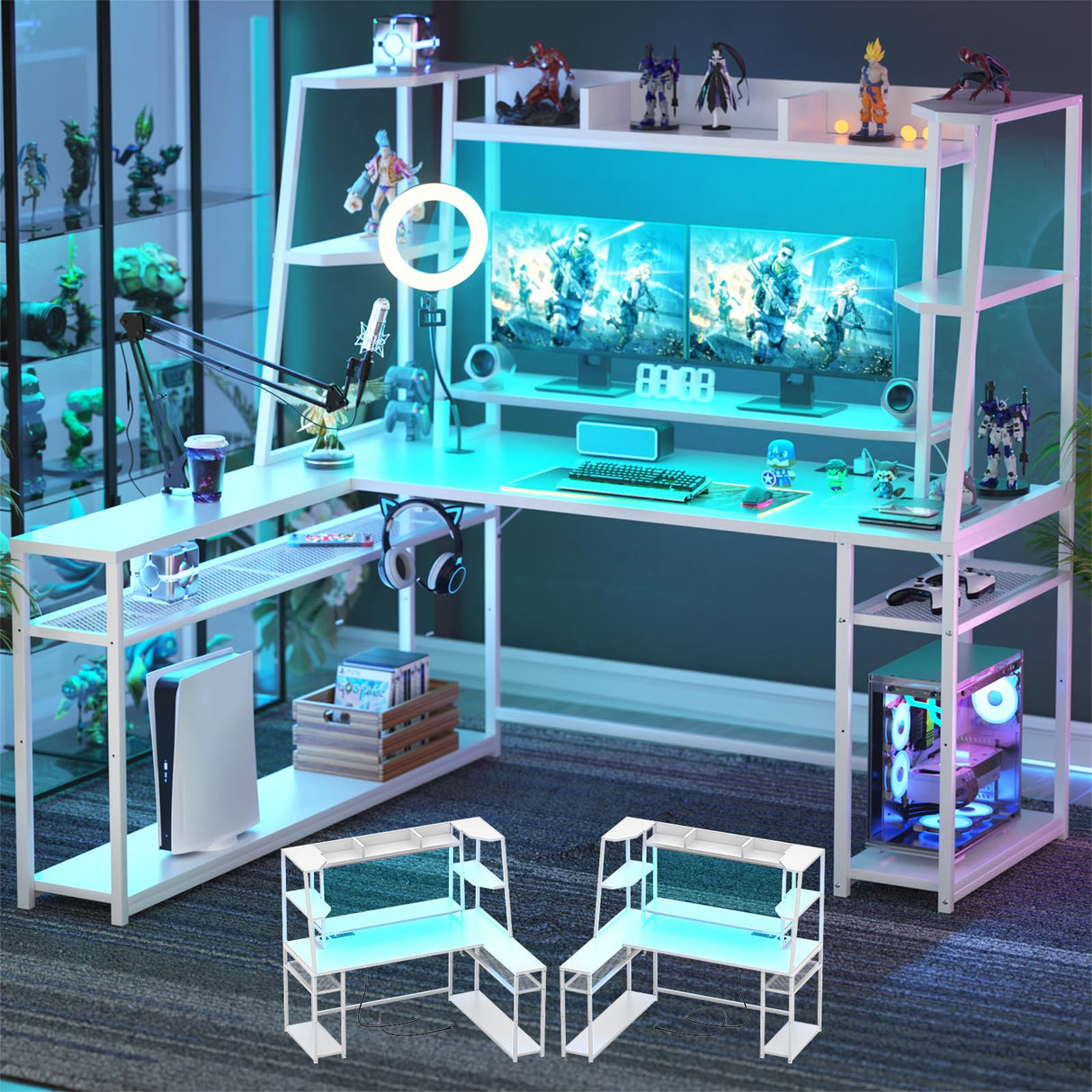 armocity L Shaped Gaming Desk with LED Lights & Power Strips, 63'' Reversible Gaming Table Desk with Hutch, L-shaped PC Gaming Desk with Storage, L Gamer Desk with Monitor Stand & Hook, White armocity