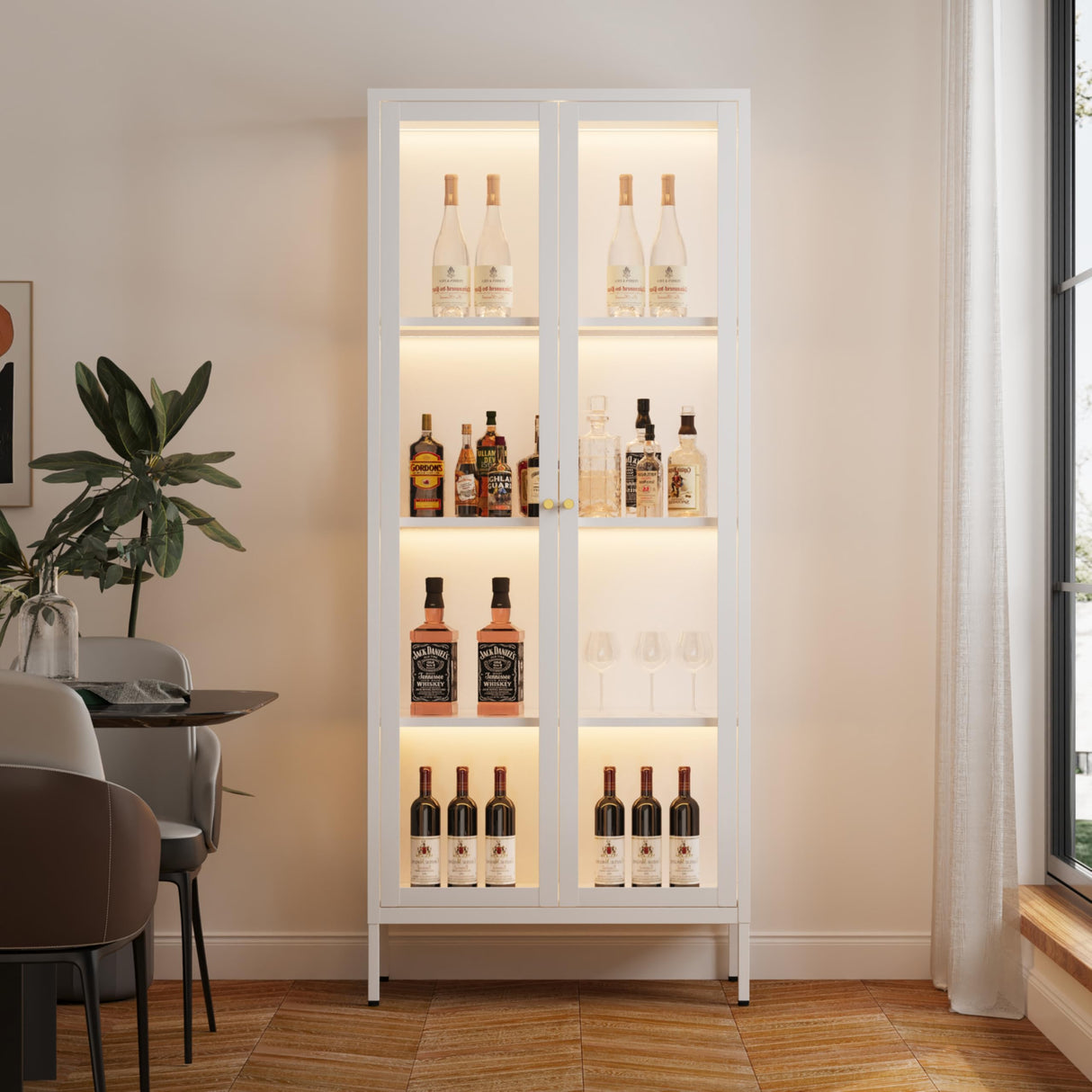 Glass Display Cabinet with LED Lights, White Curio Glass Showcase, 66" Tall Metal Storage Cabinet with Doors and Adjustable Shelves, 3 Color Lighted Display Case for Living Room, Hallway, Pantry MetalMax