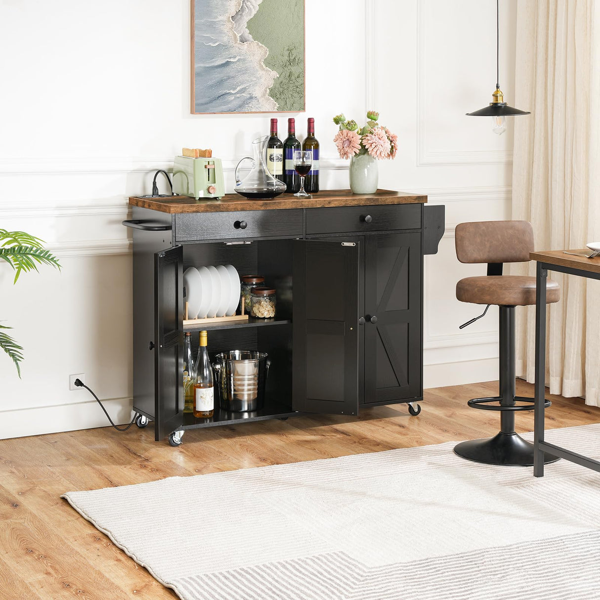 HOOBRO 43.3 Inch Kitchen Island with Charging Station, Rolling Kitchen Island with Storage, Kitchen Island Cart with Spice Rack and Hooks, for Kitchen, Living Room, Rustic Brown and Black BF11UZD01 HOOBRO