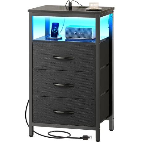 Huuger Night Stand with Charger Station and LED Lights, 3 Drawer Nightstand, Bed Side Table with Open Shelf, End Table, Tall Fabric Dresser for Bedroom, Black Huuger