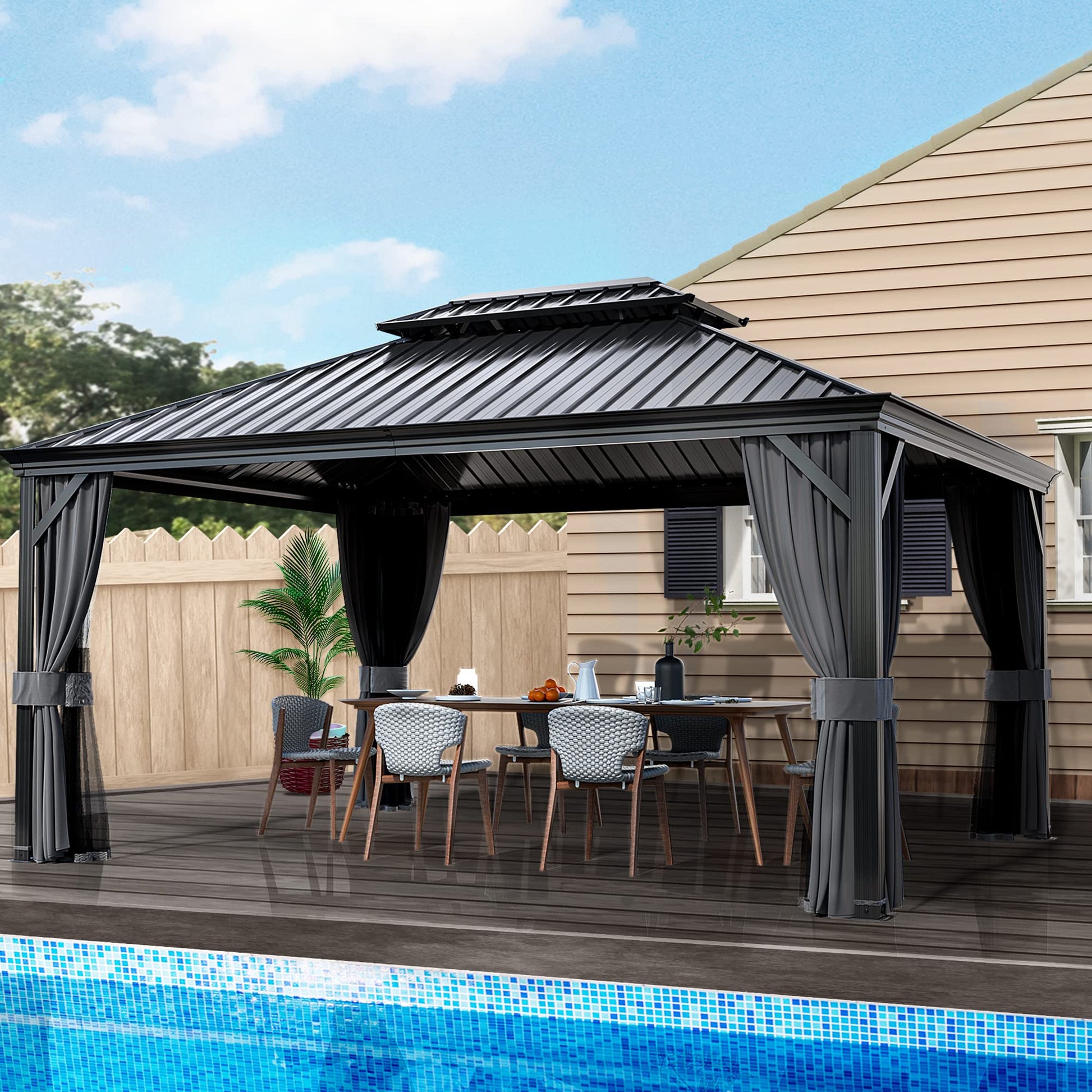 HAPPATIO 12' x 16' Hardtop Gazebo, Outdoor Aluminum Gazebo with Galvanized Steel, Double Roof Permanent Patio Metal Gazebo Canopy with Netting and Curtains for Garden, Patio, Lawns, Parties ( - WoodArtSupply