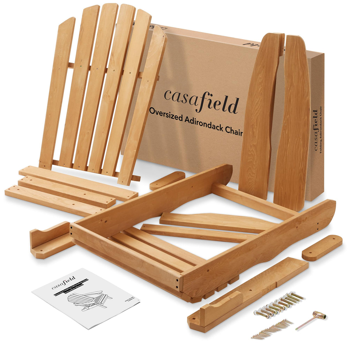 Casafield Oversized Folding Adirondack Chair, Set of 4 Cedar Wood Outdoor Fire Pit Lounge Chairs for Patio, Deck, Yard, Lawn and Garden Seating, Partially Pre-Assembled - Natural Casafield