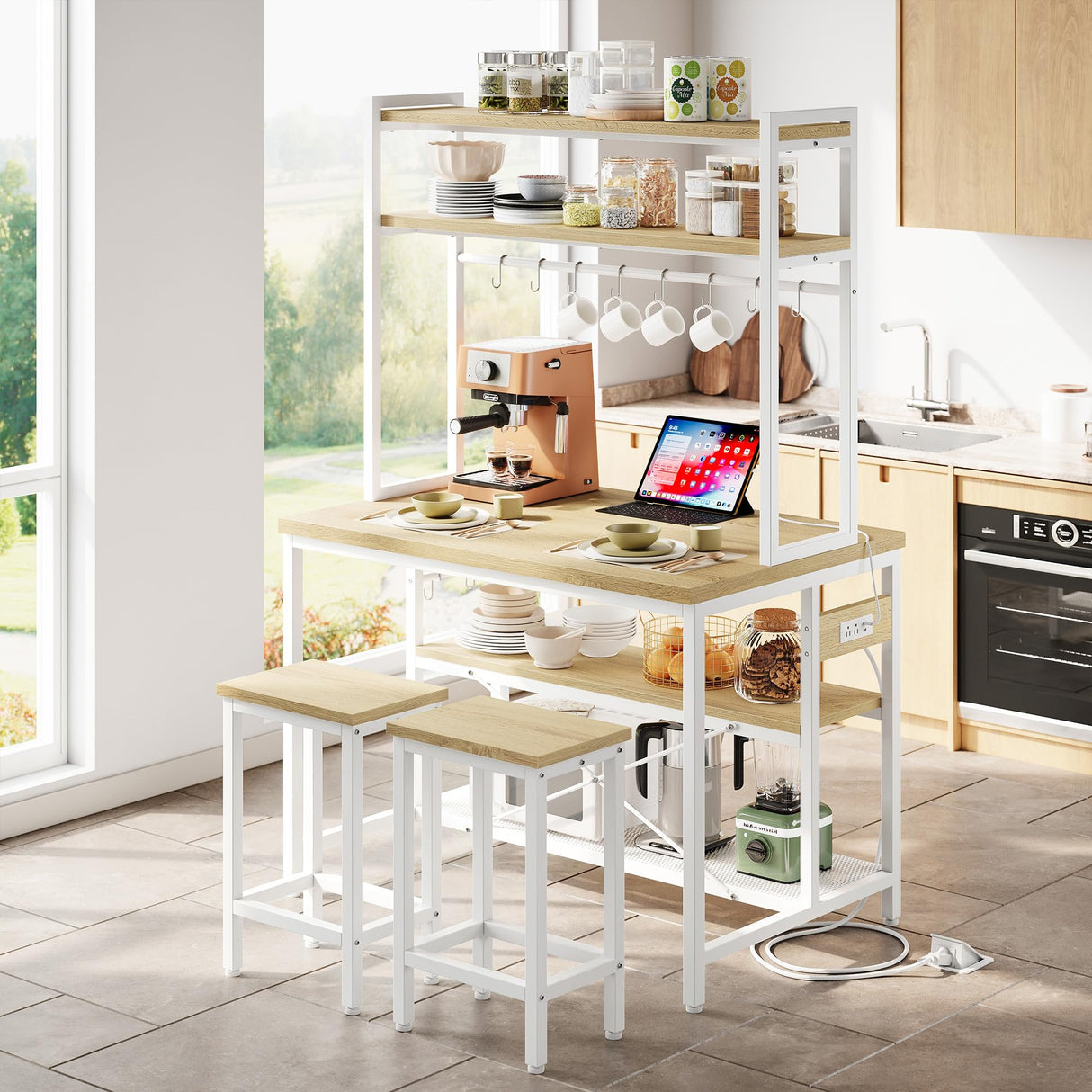 IRONCK Kitchen Island with Stools, Dining Table Set with Storage and Power Outlet, Industrial Coffee Bar Table for Kitchen Dining Living Room, 10 Hooks (Natural Wood) IRONCK