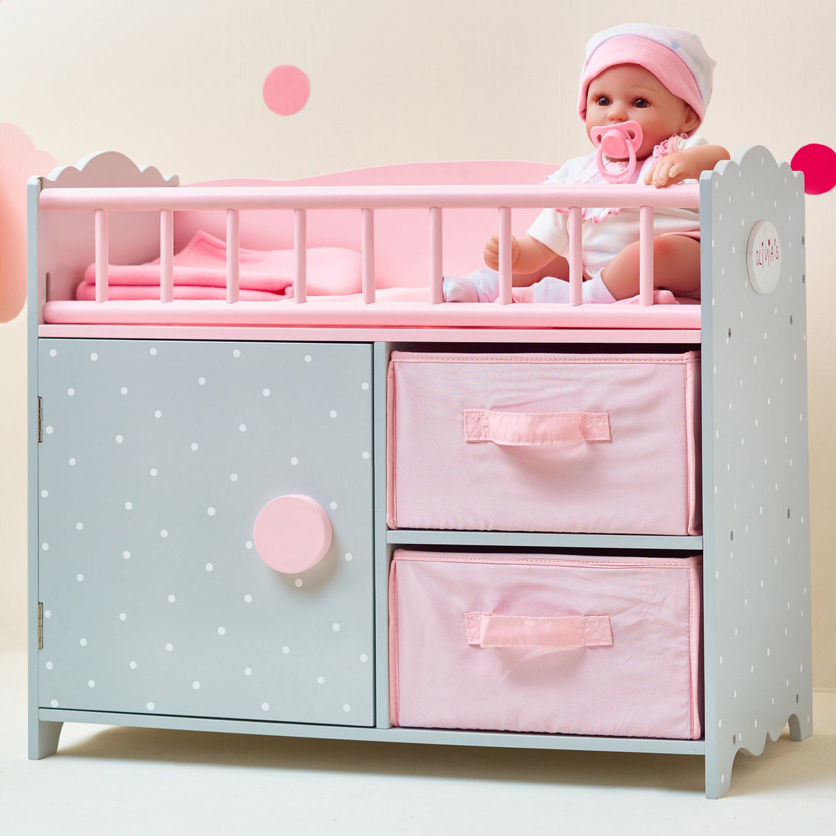 Olivia's Little World Wooden Baby Doll Crib with a Cabinet and Two Cubbies for Doll Accessory Storage Underneath, Pink and Gray and White Polka Dots Olivia's Little World