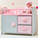 Olivia's Little World Wooden Baby Doll Crib with a Cabinet and Two Cubbies for Doll Accessory Storage Underneath, Pink and Gray and White Polka Dots Olivia's Little World
