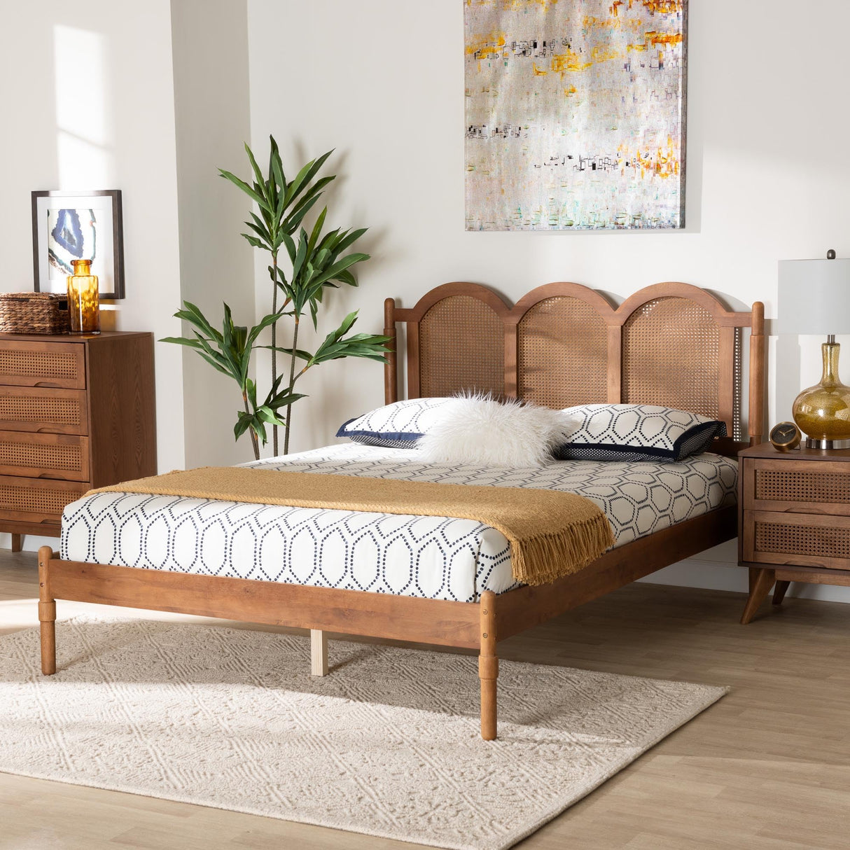 Baxton Studio Thatcher Mid-Century Modern Walnut Brown Finished Wood Queen Size Platform Bed with Woven Rattan Baxton Studio