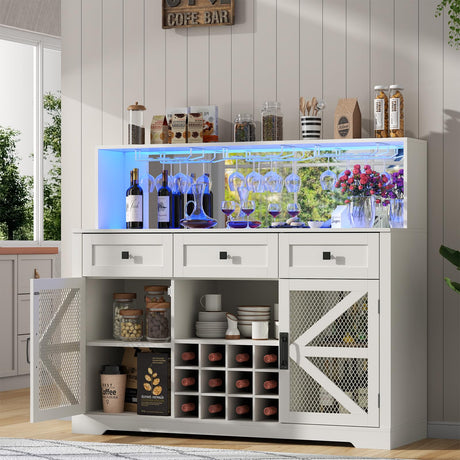 Gyfimoie Farmhouse Wine Bar Cabinet with LED Lights, Kitchen Coffee Bar Cabinet with Acrylic Mirror, Wine & Glass Rack, Storage Shelves and 3 Drawers (Signle Hutch) Gyfimoie