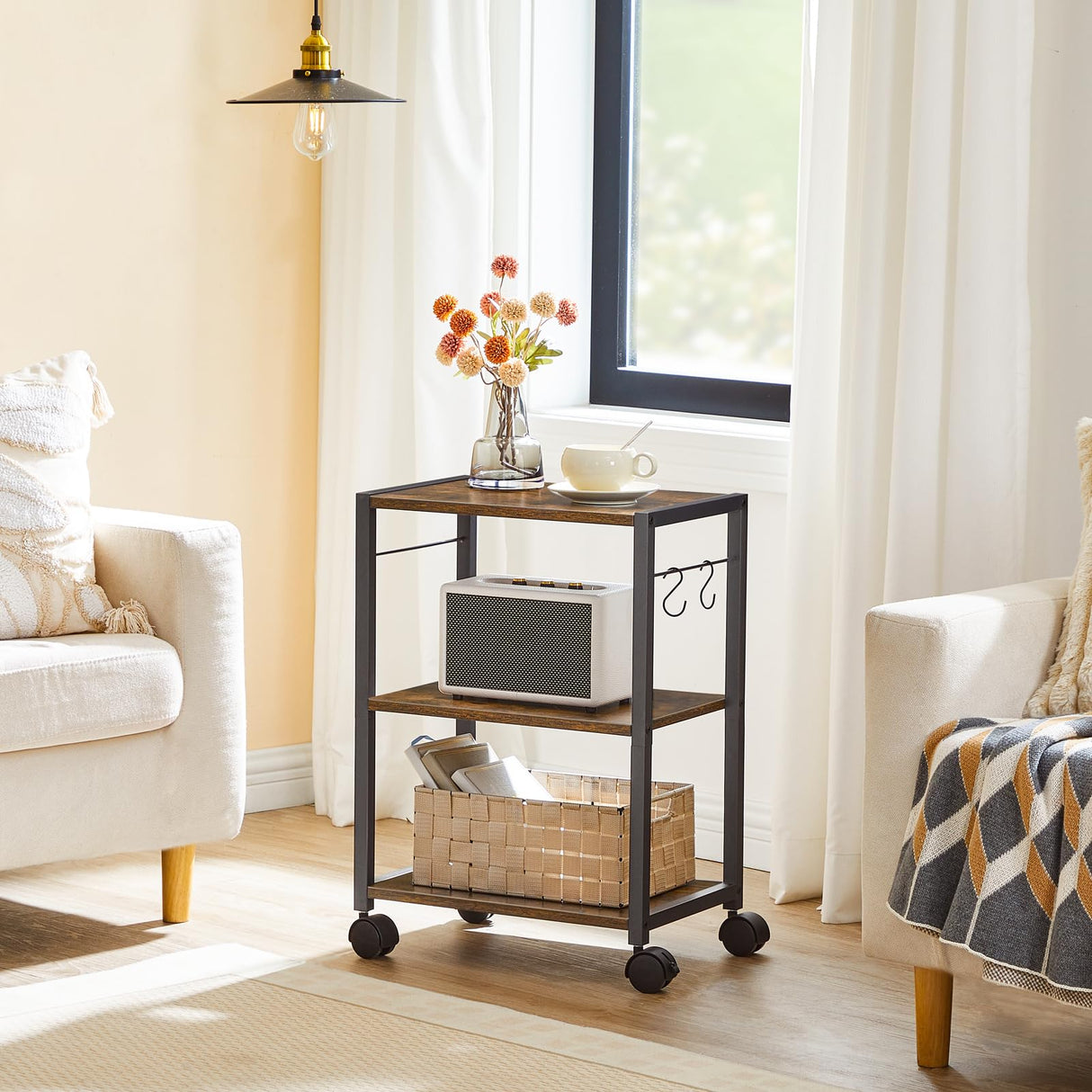 MAHANCRIS Printer Stand, 3-Tier Under Desk Printer Cart with Storage Shelf, Heavy Duty Printer Table with Wheels for Home and Office, Printer Shelf with 2 Hooks, Small Spaces, Rustic Brown PTHR4001Z MAHANCRIS