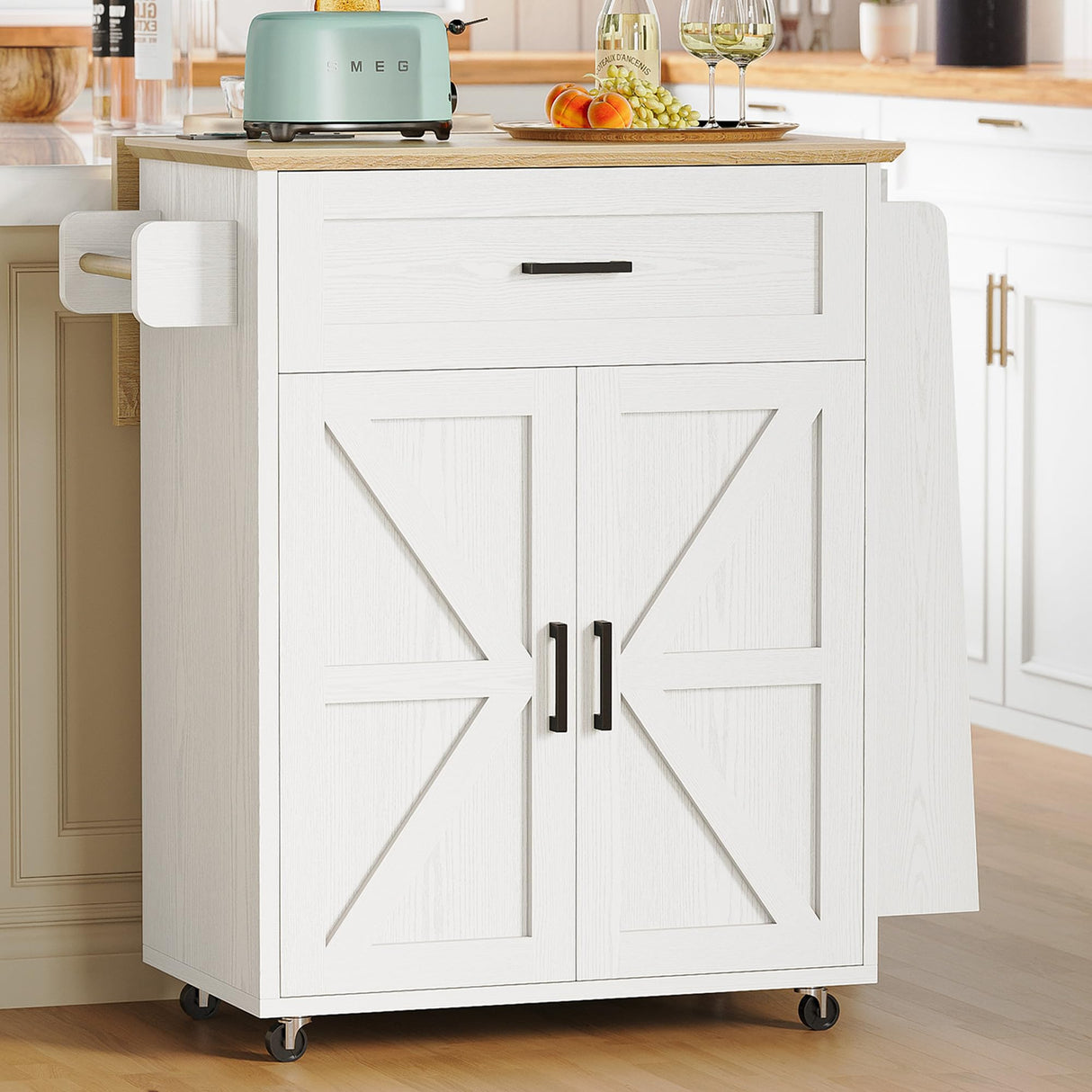 IRONCK Kitchen Island Table with Storage, Rolling Kitchen Cart with Power Outlet, Storage Cabinets on Wheels with Drop Leaf, Portable for Dining Room, White IRONCK