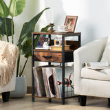 LELELINKY Record Player Stand with Fabric Drawer, 3 Tier AV Media Stands with Charging Station and USB Ports,Turntable Rack with Storage Up to 100 Vinyl Albums, Brown DVD Video Game Console Shelf LELELINKY