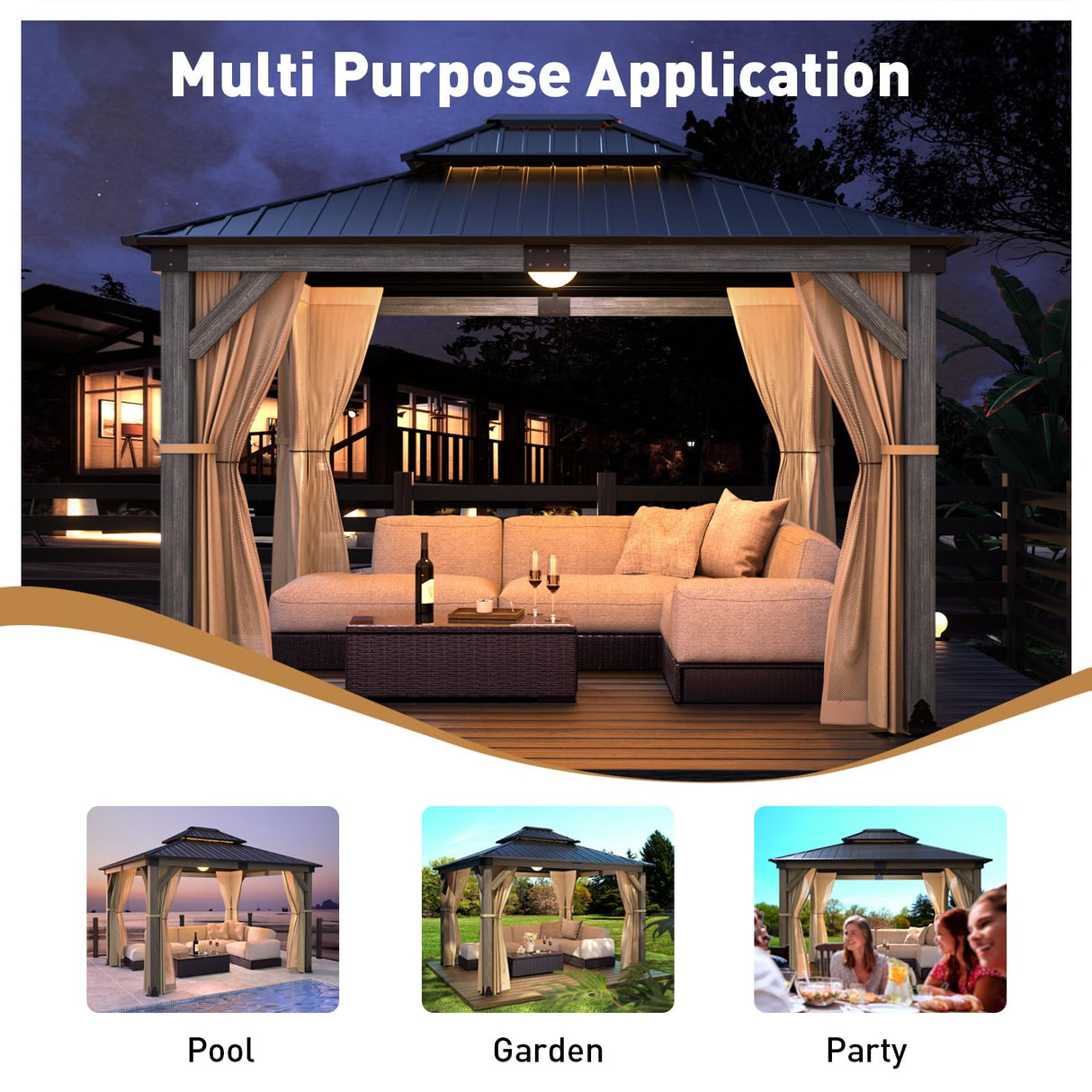 COSIEST 10x12FT Cedar Wood Gazebo, Outdoor Hardtop Gazebo with 2-Tier Galvanized Steel Roof, Netting & Curtains, Wooden Gazebo Pavilion for Patio Backyard Deck Lawn COSIEST