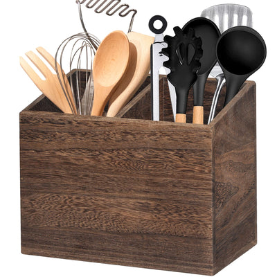 Wooden Kitchen Utensil Caddy With 2 Compartments, Rustic Kitchen Utensil Holder for Kitchen Countertop, Wood Utensil Crock Organizer Box for Farmhouse Kitchen Decor (brown)