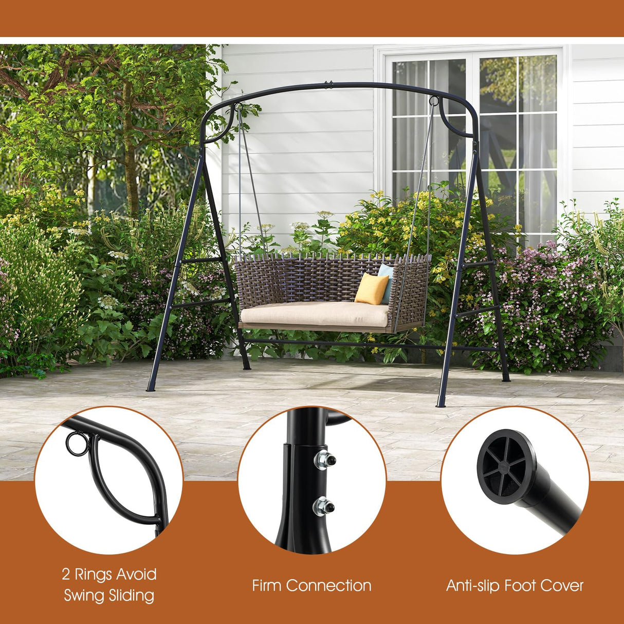 HAPPYGRILL Outdoor Swing Frame Heavy-Duty Metal Porch Swing Stand with Side Bars & 2 Rings, 660 lbs Weight Capacity, A-Frame Swing Frame for Garden, Backyard, Balcony HAPPYGRILL