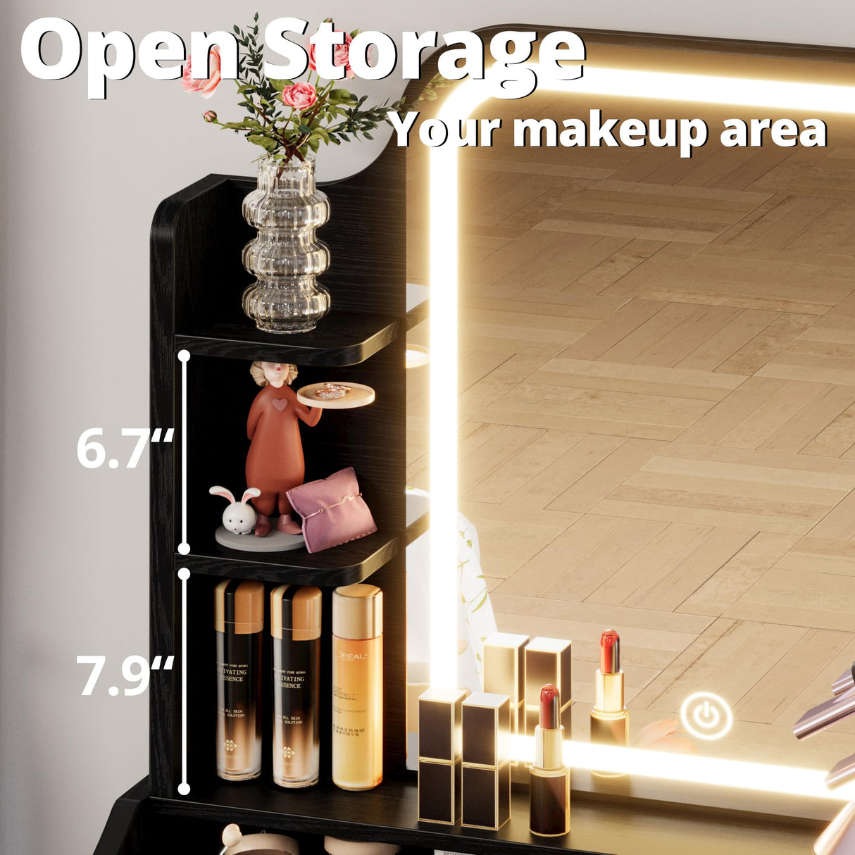 LIKIMIO Small Makeup Vanity Desk with Mirror and Lights, Vanity Table Set with Storage Drawer, Chair and Three Shelves, Bedroom, Black LIKIMIO