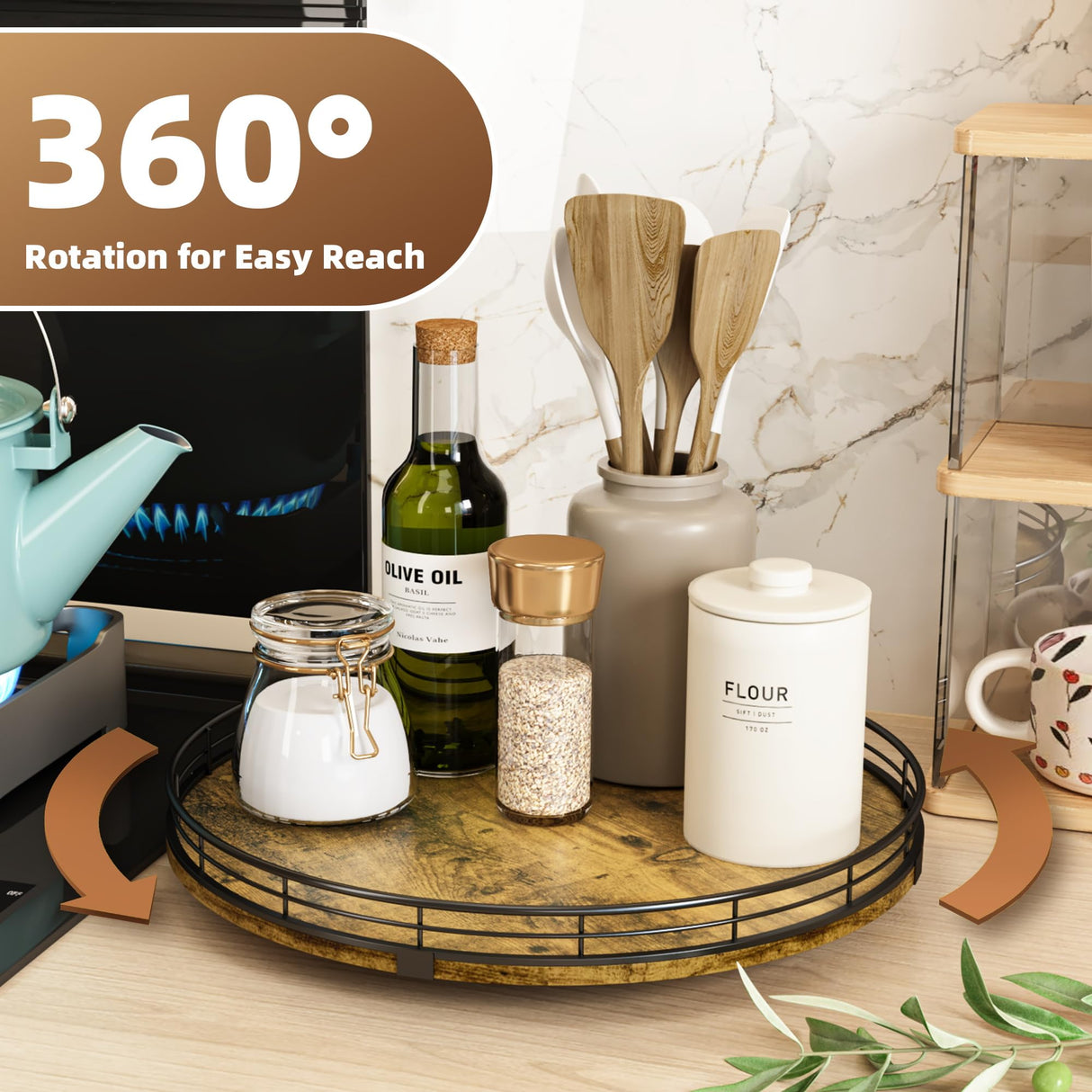 Lazy Susan Turntable Organizer for Table Top, 13’’ Round Wooden Lazy Susan for Cabinet Kitchen Countertop Pantry Dining Coffee Table for Condiments Spices, Rustic Bathroom Vanity Tray for Soap Candle HGF