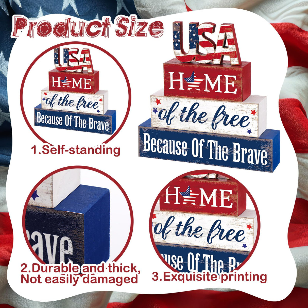 Huquary 4 Pcs Farmhouse 4th of July Patriotic Table Sign Independence Day Table Wood Decorations Patriotic Themed Rustic Farmhouse Wood Block Sign for Party Home Desk (Stylish) Huquary