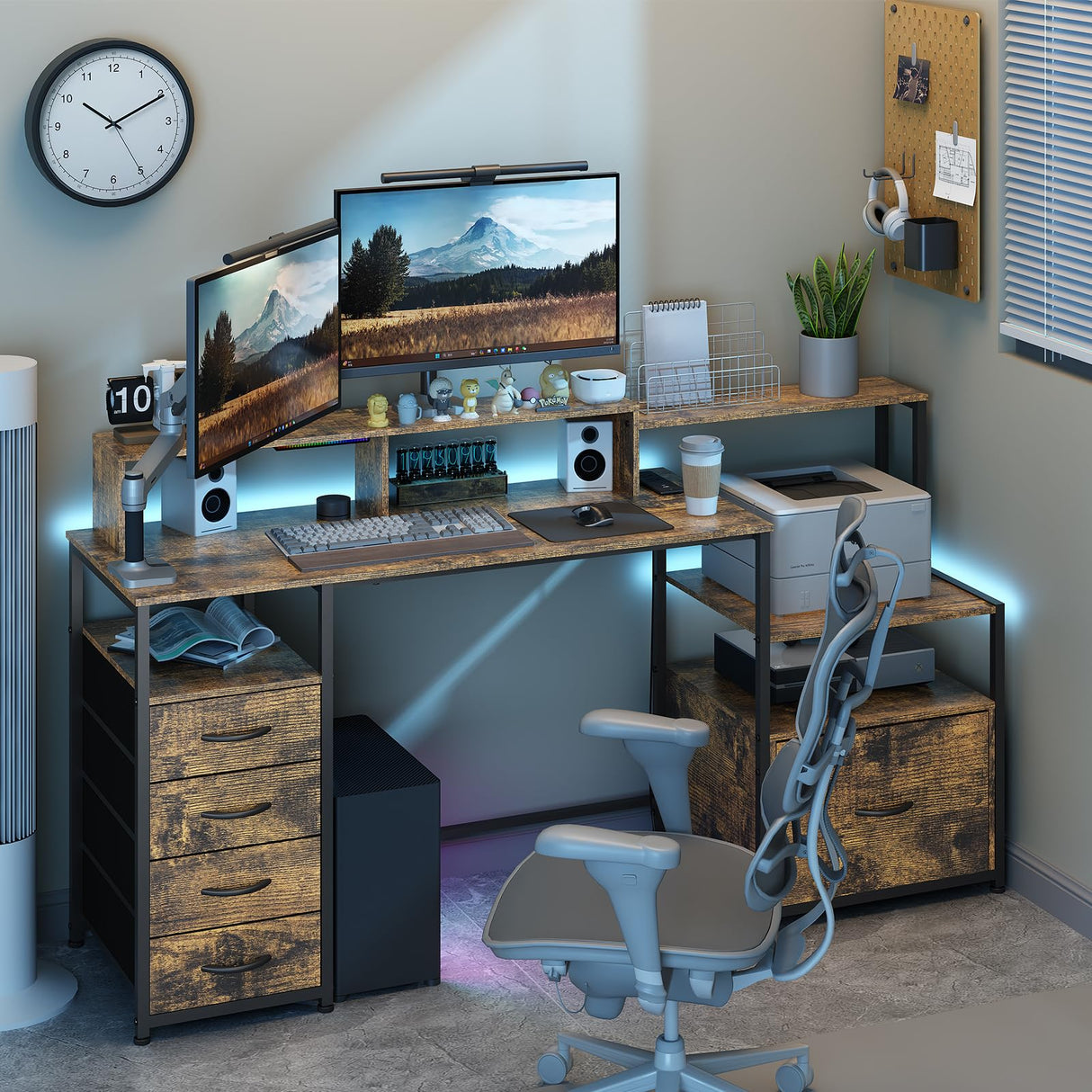EDWINENE Computer Desk with Drawers, 67 Inch Office Desk with Storage and Power Outlet, Work Table for Home Office, Gaming Desk with Led Lights, Rustic Brown EDWINENE
