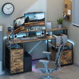 EDWINENE Computer Desk with Drawers, 67 Inch Office Desk with Storage and Power Outlet, Work Table for Home Office, Gaming Desk with Led Lights, Rustic Brown EDWINENE