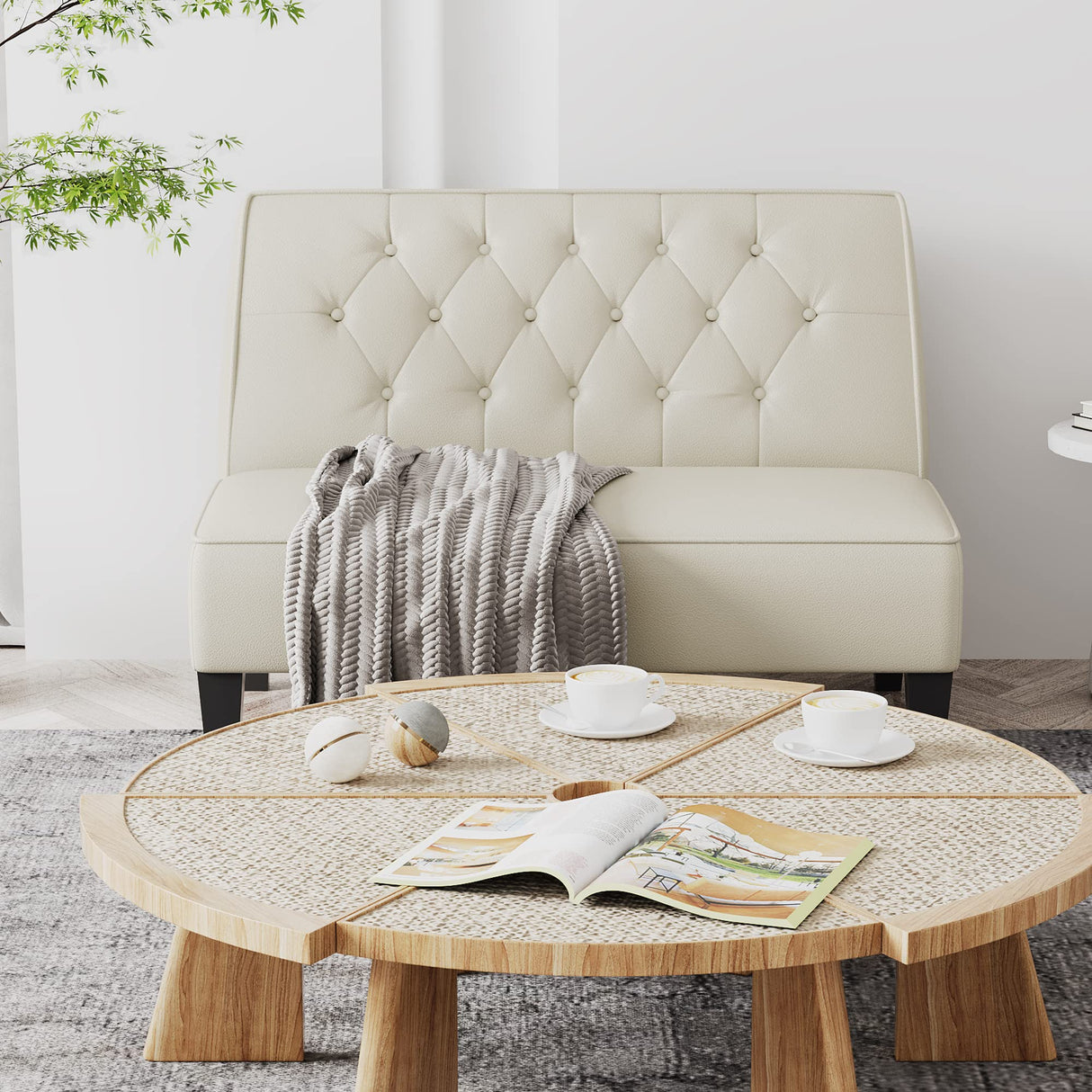 Alunaune Upholstered Loveseat Bench Couch for Bedroom, Modern Anti Scratch Cushioned Armless Settee Small Love Seat Sofa Faux Leather Living Room Couch-Beige Alunaune