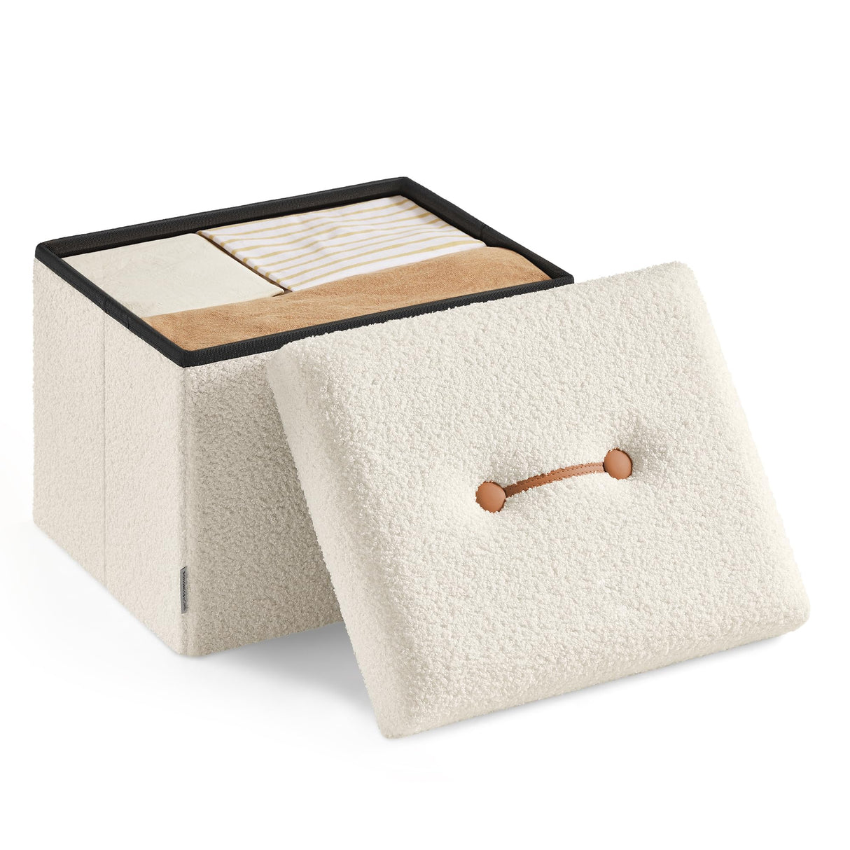 SONGMICS HOME Small Folding Storage Ottoman, Foot Rest Stool, 12.2 x 16.1 x 12.2 Inches, Ottoman with Storage, Load up to 286 lb, for Living Room, Bedroom, Dorm, Cream White ULSF094W01 SONGMICS HOME