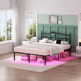 YORMDMO King Bed Frame with LED Lights, 14 inch Metal Bedframe with Headboard, Outlets & USB, Heavy Duty Basic Steel Slats Platform, Noise Free, No Box Spring Needed YORMDMO