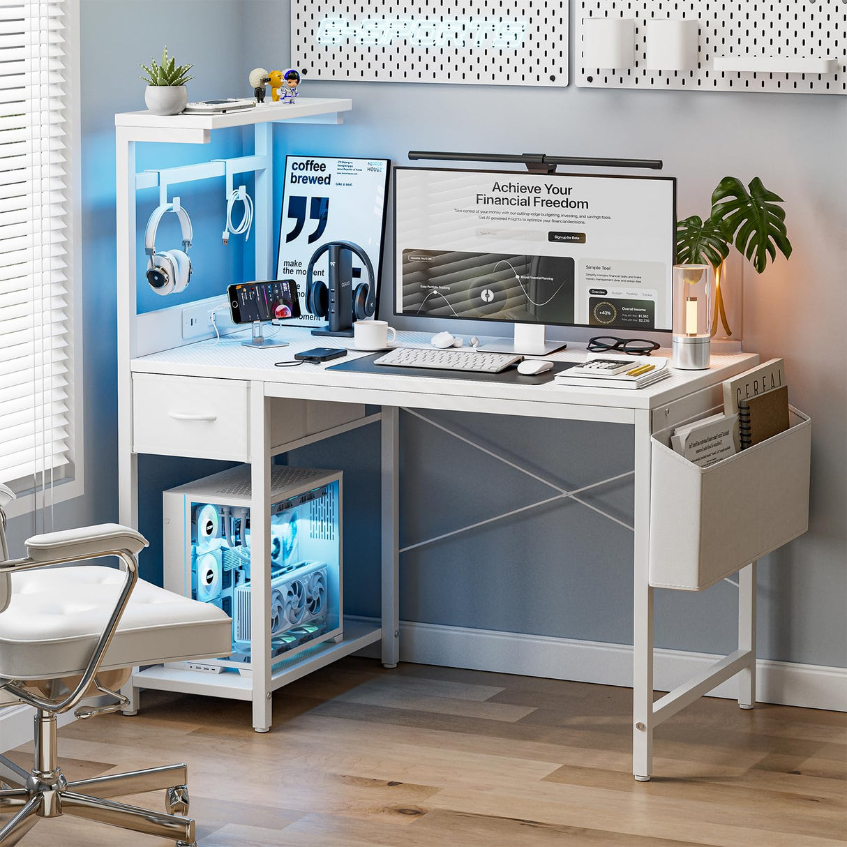 Grandder Gaming Desk 40 Inch with Power Outlet and LED Light, Computer Desk with Reversible Shelves and Storage Drawer, Pc Small Desk for Home Office Table with Bag, Carbon Fiber White Grandder