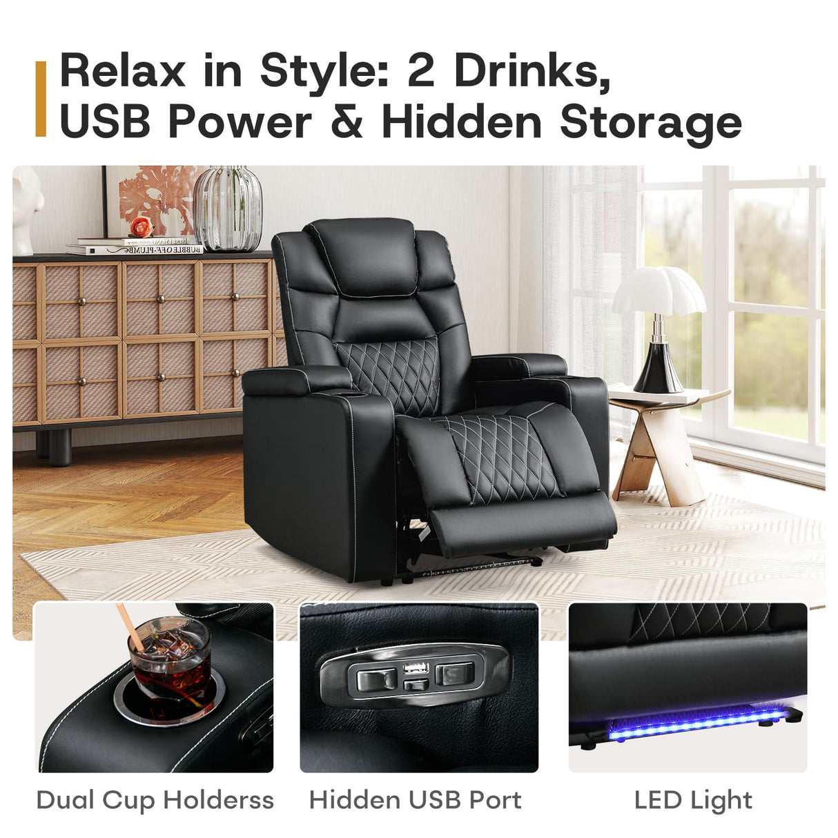 ANJ Power Recliner Chair with USB Port, Electric PU Leather Home Theater Seating for Living Room, Movie Reclining Chairs with Blue Ambient Lighting, Hidden Arm Storage, Cup Holders (Black) ANJ