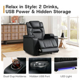 ANJ Power Recliner Chair with USB Port, Electric PU Leather Home Theater Seating for Living Room, Movie Reclining Chairs with Blue Ambient Lighting, Hidden Arm Storage, Cup Holders (Black) ANJ