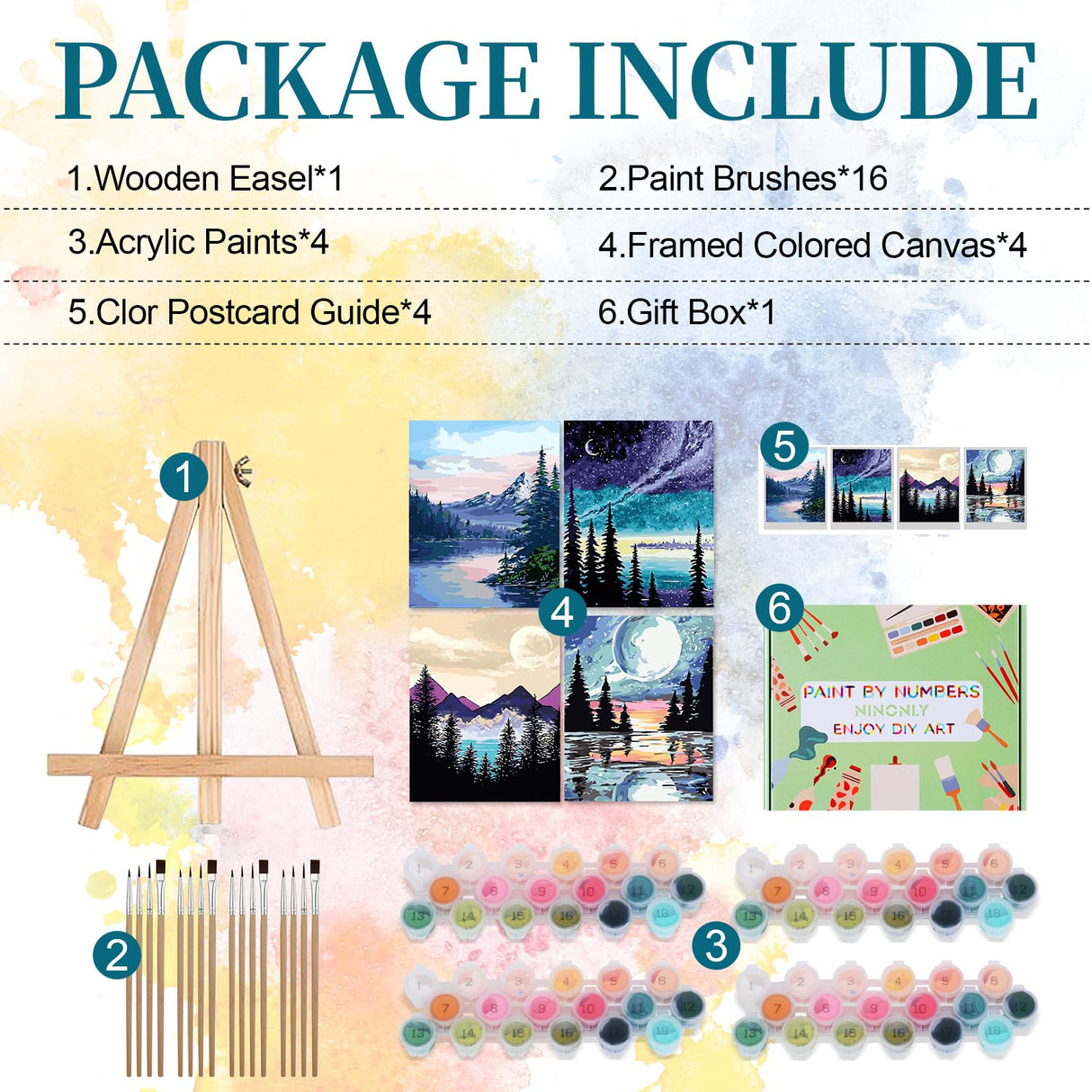 Ninonly 4 Pack Paint by Numbers Kit for Adults Framed Canvas, Art Supplies for Adults Beginners with Easel, Brushes, Acrylic Paint Set for Christmas Gift & Decor, 9 * 12 Inch Ninonly