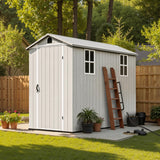 Patiowell 4 x 8 FT Plastic Outdoor Storage Shed with Floor, Resin Outside Tool Shed with Two Windows and Lockable Door for Garden, Backyard, Tool Storage Use, Easy to Install, Light Grey(Fit-it Shed) Patiowell