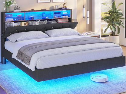 BTHFST Floating Full Bed Frame with LED Lights & Charging Station, Dark Grey Upholstered Design with Hidden Storage - WoodArtSupply