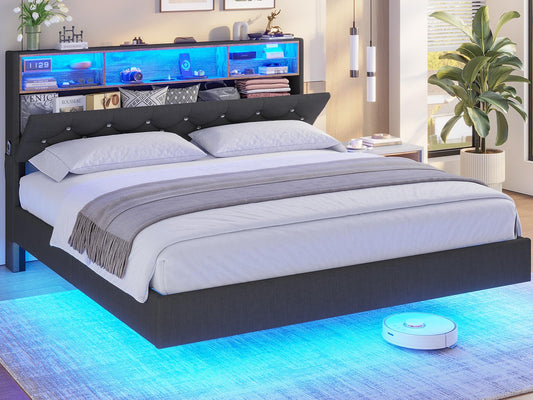 BTHFST Dark Grey Floating Bed Frame with LED Lights, Charging Station, and Hidden Storage - Queen Size - WoodArtSupply