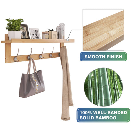SMIBUY Coat Hooks with Shelf Wall-Mounted, 29.2 Inch Entryway Coat Rack for Wall, Bamboo Hanging Shelf with 5 Double Metal Hooks for Bathroom, Bedroom, Kitchen, Living Room, Mudroom (Natural) SMIBUY