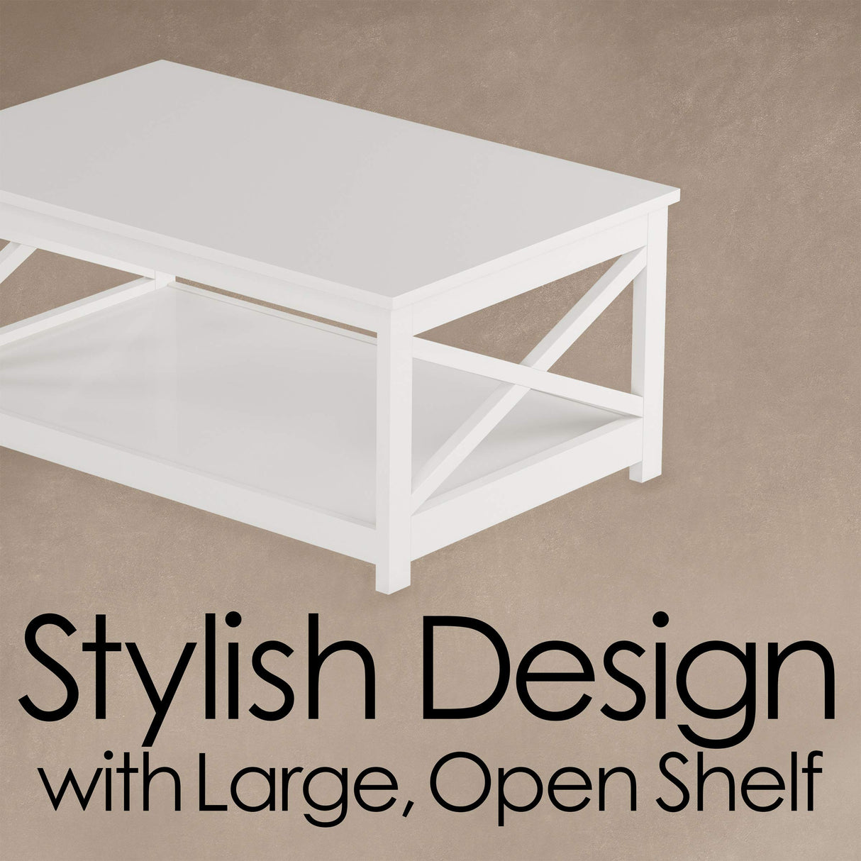 Coffee Table - 2-Tiered Wood Sofa Table - Low Profile and X-Leg Design Living Room Furniture for Storage, Display, or TV Stand by Lavish Home (White) Lavish Home