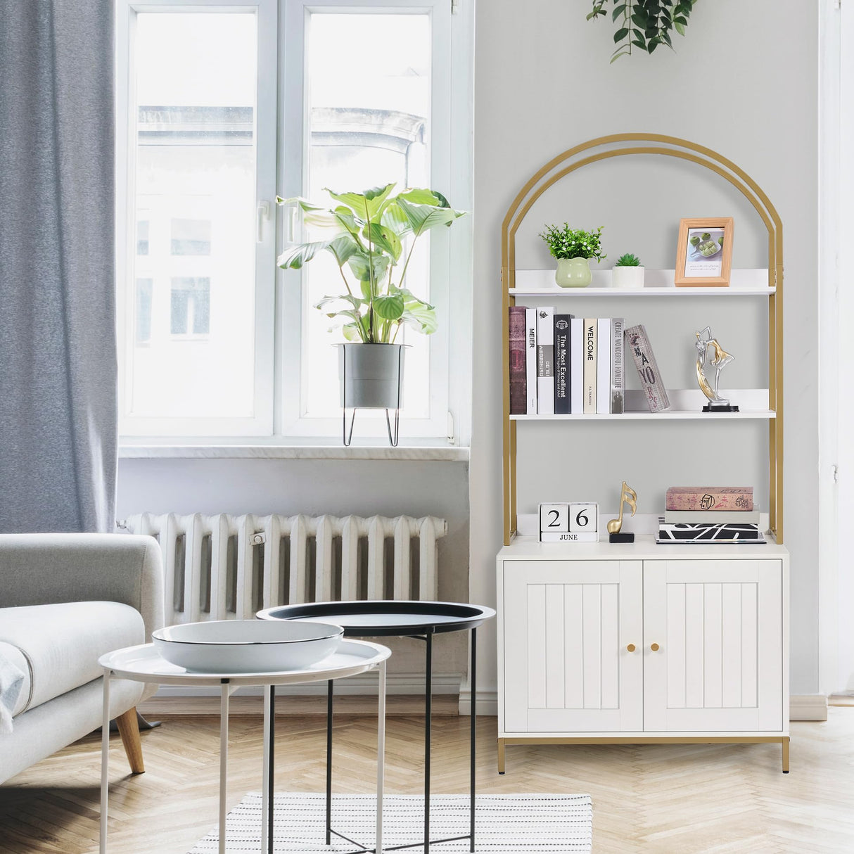 Homhedy Cat Litter Box Enclosure, Litter Box Furniture Hidden with 2-Tier Storage Shelves, Wooden Cat Washroom Furniture with Metal Frame, Modern Style, White and Gold Homhedy