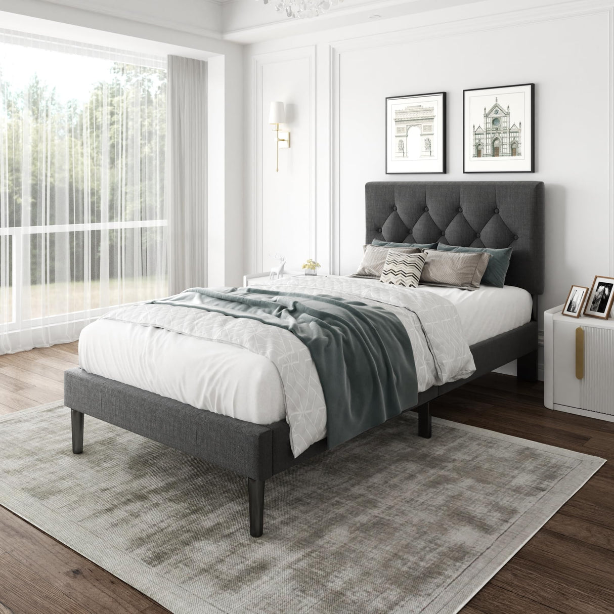 CXVX Twin Size Platform Bed Frame with Upholstered Headboard, Button Tufted Design, Strong Wooden Slats, No Box Spring Needed, Easy Assembly, Noise Free CXVX