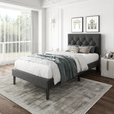 CXVX Twin Size Platform Bed Frame with Upholstered Headboard, Button Tufted Design, Strong Wooden Slats, No Box Spring Needed, Easy Assembly, Noise Free CXVX
