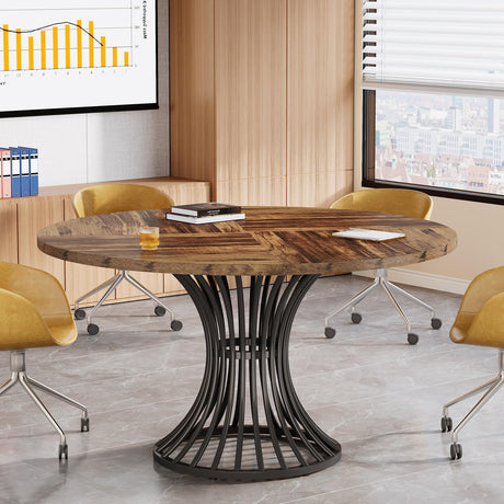 Tribesigns Round Conference Table for 4-6, 47-Inch Conference Room Table with Thickened Tabletop and Metal Base, Industrial Meeting Table for Office Meeting Room, Rustic Brown Tribesigns