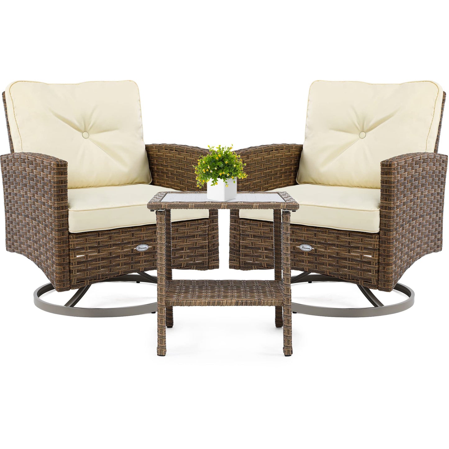 YITAHOME 3-Piece Patio Wicker Swivel Chairs, Outdoor Small Furniture Rocking Coversation Chairs w/Thick Cushions and Table for Garden, Backyard and Balcony (Tan Chairs + Off- White Cushions) - WoodArtSupply