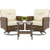 YITAHOME 3-Piece Patio Wicker Swivel Chairs, Outdoor Small Furniture Rocking Coversation Chairs w/Thick Cushions and Table for Garden, Backyard and Balcony (Tan Chairs + Off- White Cushions) YITAHOME