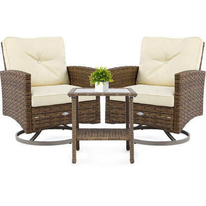 YITAHOME 3-Piece Patio Wicker Swivel Chairs, Outdoor Small Furniture Rocking Coversation Chairs w/Thick Cushions and Table for Garden, Backyard and Balcony (Tan Chairs + Off- White Cushions) - WoodArtSupply