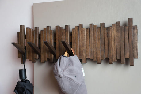 GOGREEBELL Natural Wood Wall Mounted Piano Coat Rack| Coat Rack Wall Mount| Flip Down Wall Hook Rack 7 Hooks| Entryway Wall Art Hook,Made of Acacia Wood (Wood Wax Oil Dyed Walnut Color).Wall Art GOGREEBELL
