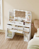 HEXCELEN 42.5" Large Vanity Desk，Dressing Table with Mirror and LED Light, Power Strip, 4 Drawers, 2 Open Storage Cabinets, and Jewelry Storage for Bedrooms, White HEXCELEN