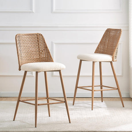 Modern Rattan Bar Stools Set of 2，Modern Upholstered Counter Height Bar Stools with PE Cane Back,26" H Seat Height Bar Chair Island Stools with Solid Metal Legs for Kitchen Counter Home Pub,Brown JALOURT