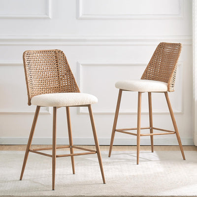 Modern Rattan Bar Stools Set of 2，Modern Upholstered Counter Height Bar Stools with PE Cane Back,26" H Seat Height Bar Chair Island Stools with Solid Metal Legs for Kitchen Counter Home Pub,Brown