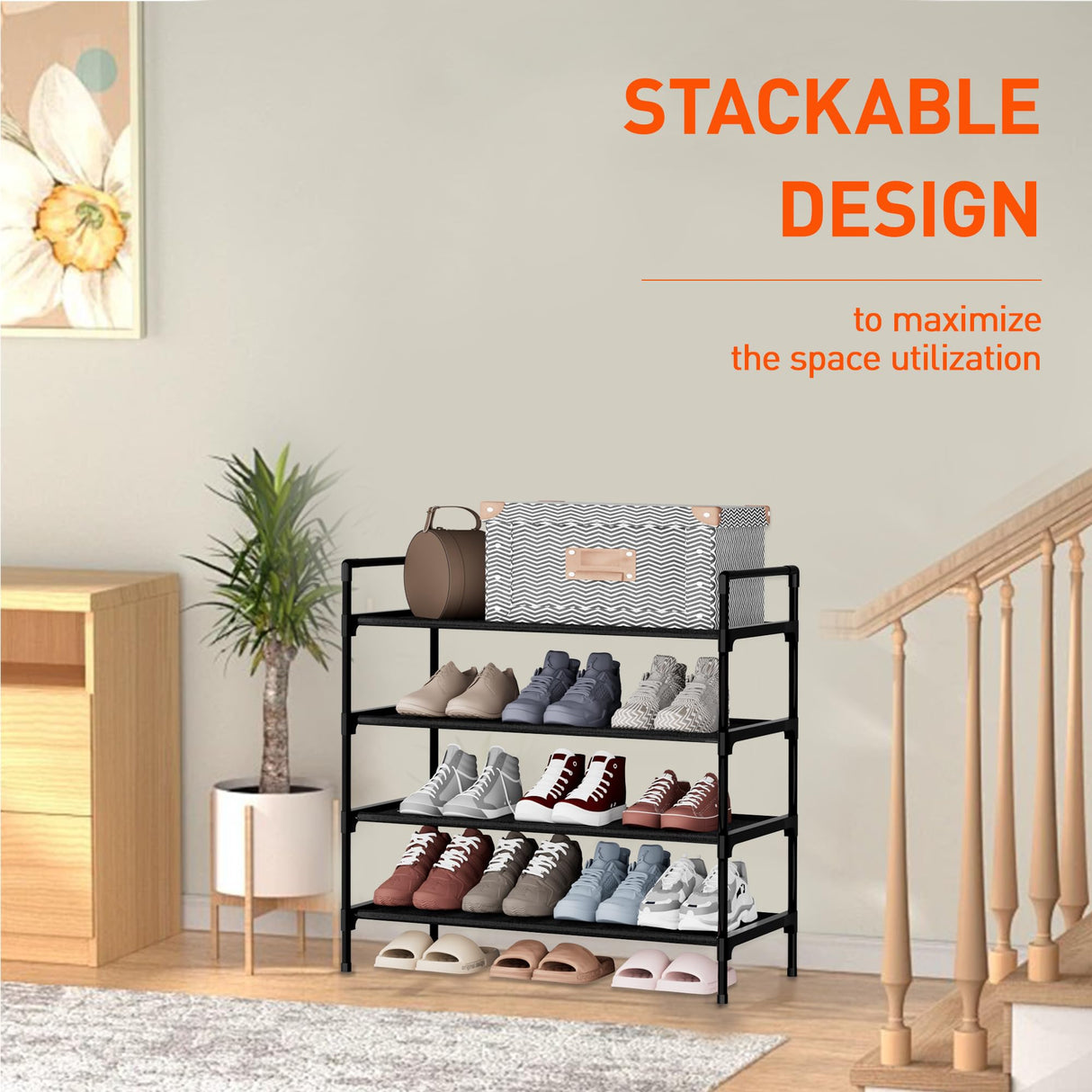Nbwxcwbs Shoe Rack 4 Tier Shoe Organizer Shoe Storage Shoe Rack for Narrow Hallway Entryway Bedroom Easy Assembly (Black) Nbwxcwbs